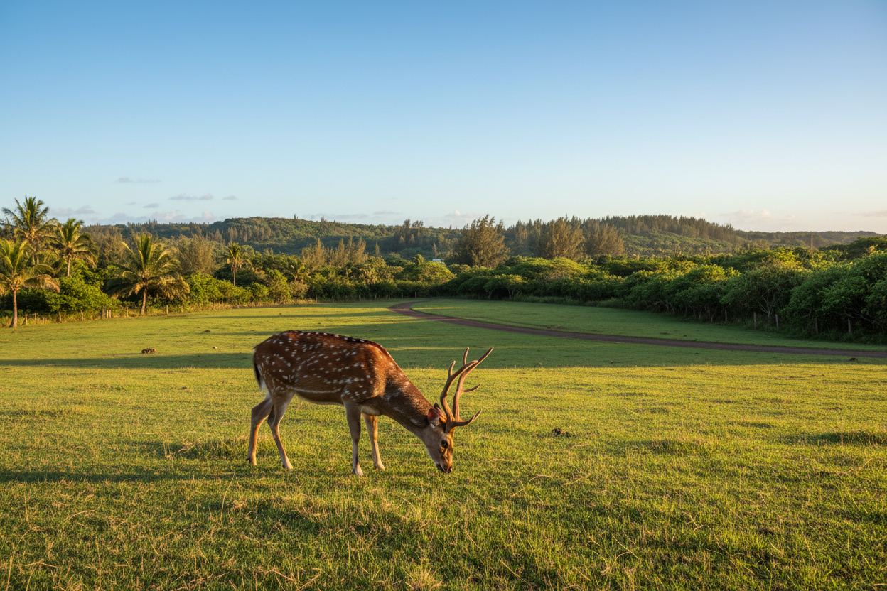 a axis deer eating in a field on molokai